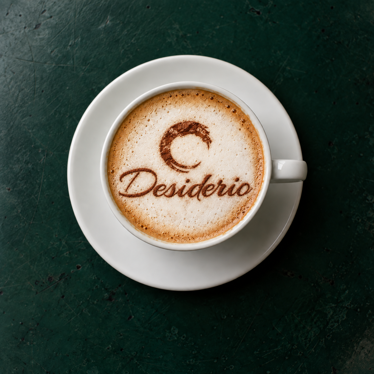 Marchio Desiderio disegnato con cacao sulla schiuma